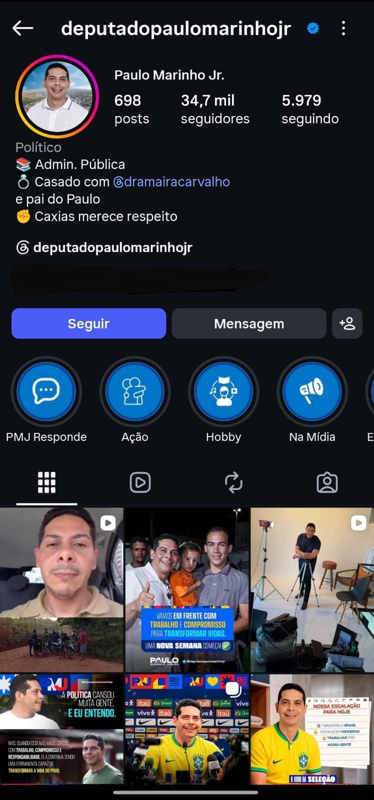 Publicações do mandato em uma tela de celular